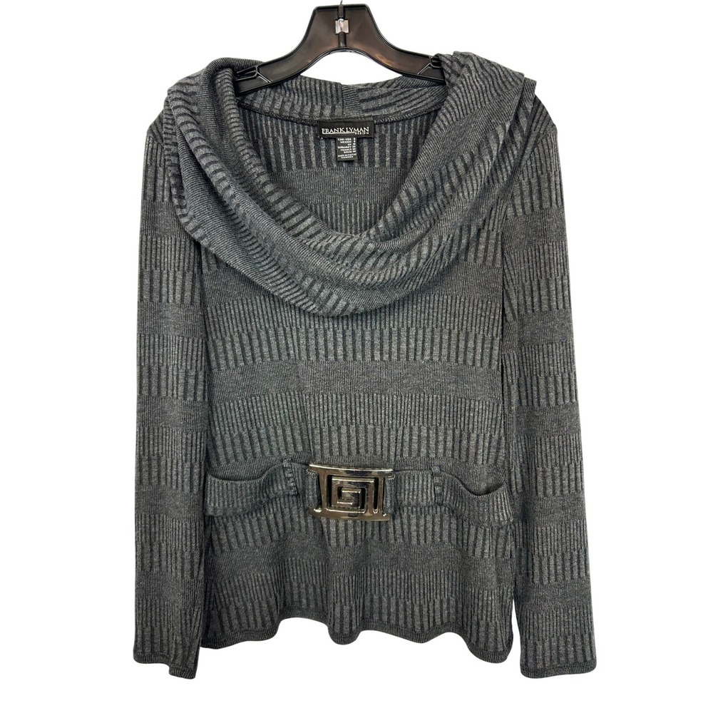 Frank Lyman Design Grey Ribbed Cowl Neck Sweater Greek Key Buckle Size 8